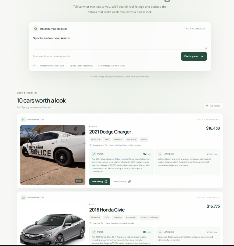Preview of AutoScout's natural-language vehicle search interface