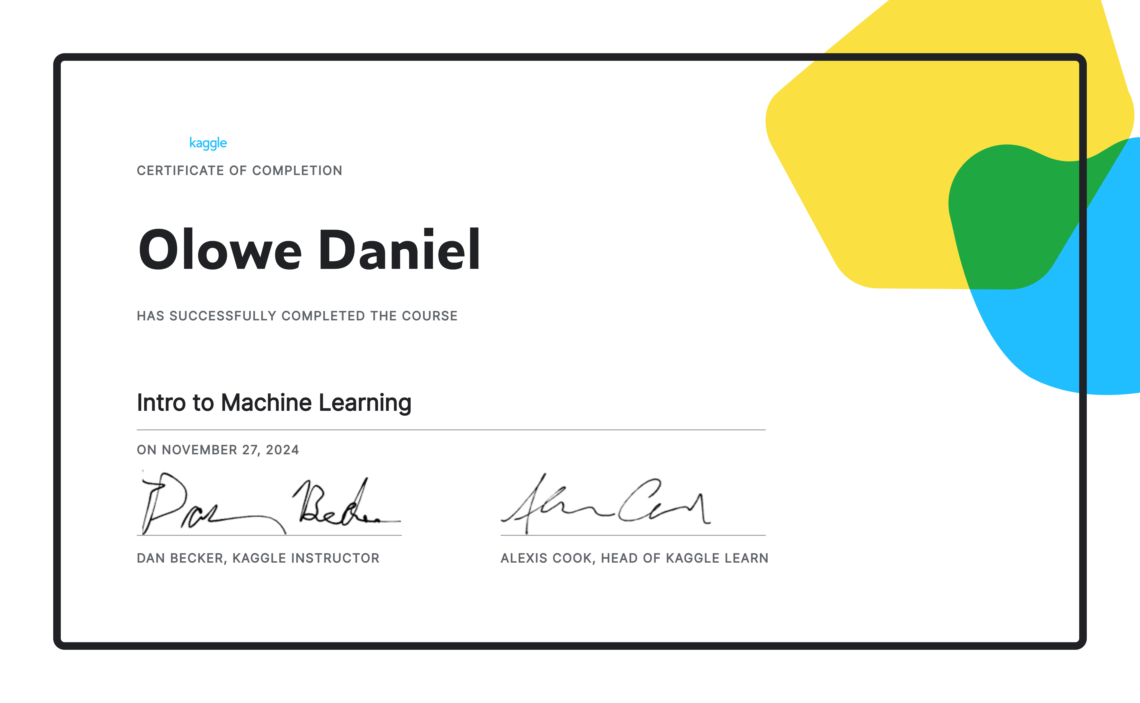 Kaggle Intro to Machine Learning certificate