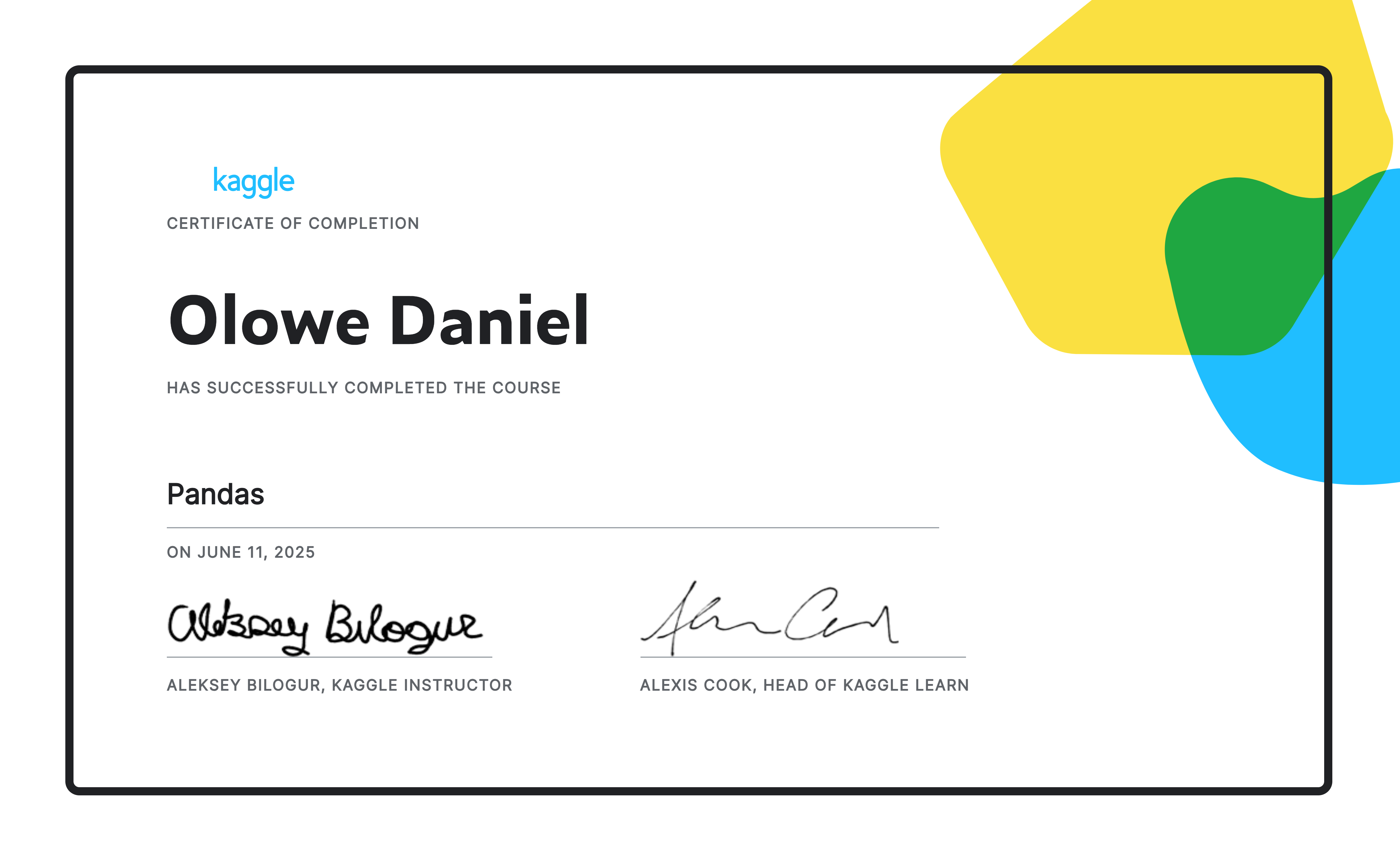 Kaggle Pandas certificate